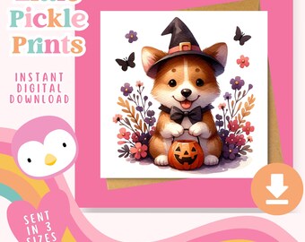 3 x pdf-bundel l Afdrukbare Halloween-kaart l Wenskaart l Digitale download l Halloween-corgi