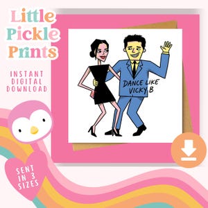 Könnte beinhalten: Quadratische Grußkarte mit einer Cartoon-Illustration eines tanzenden Paares. Der Mann trägt einen blauen Anzug und die Frau ein schwarzes Kleid. Auf der Karte steht "Dance Like Vicky B". Die Karte befindet sich auf einem rosa Hintergrund mit einer Pinguin-Illustration.