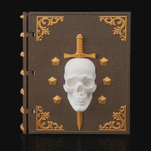 May include: A brown book with gold accents, a white skull, and a gold sword. The book has ornate corner designs and gold star-shaped embellishments. The spine has gold-colored clasps.