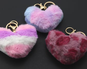 Heart keychain, plush keyring, fabric heart keyring, key charm, bag charm, plush bag charm, silver chain keyring, keyring for bag