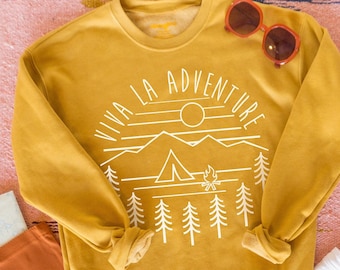 Viva La Adventure Crewneck Sweatshirt, Hipster, Retro, Camping Hoodie,  Mustard Sweatshirt, 70s Clothing, Vintage, Outdoor Top Travel, Tumblr 