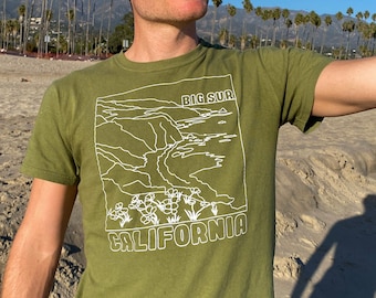 Big Sur California Unisex Organic tshirt, hipster, olive green, camping shirt, 70s clothing, vintage, outdoor top gift flowers, surf shirt