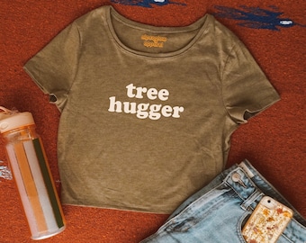 Tree Hugger Crop Tee, olive crop top, eco friendly, Crop Womens, hipster shirt,70s retro, camping top, vintage, tumblr, gift for her. 70s