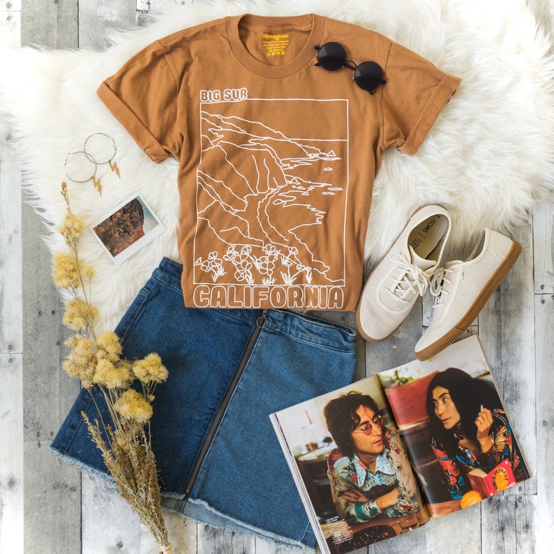 Big Sur California Unisex tshirt, hipster, camel, camping shirt, 70s clothing, vintage, outdoor top, tumblr, gift flowers 