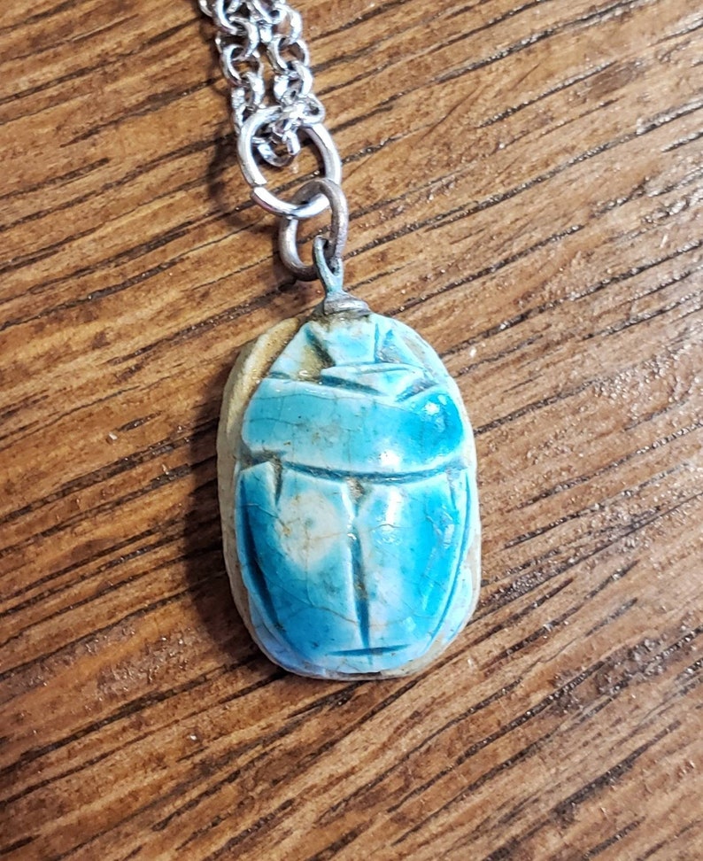 Vintage Egyptian Scarab stone pendant necklace silvertone Etsy