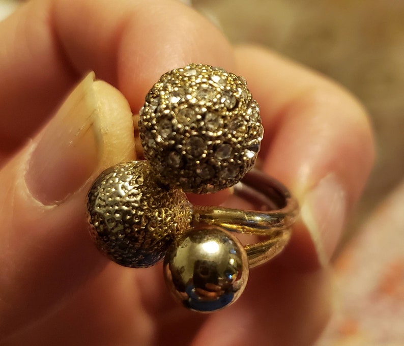 Vintage costume jewelry triple ball ring with double band cz cubic zirconia size 6 12 silver tone silvertone