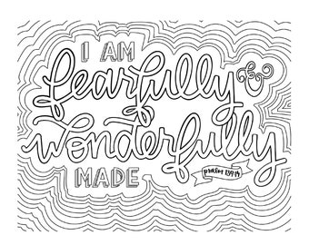 Coloring Page Digital Download / Fearfully and Wonderfully Made / Bible Verse Coloring Page / Custom Coloring Page / Psalm 139 Coloring