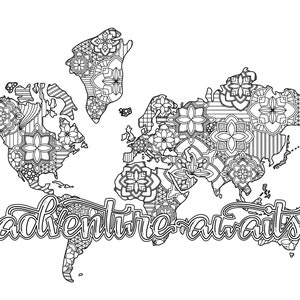 Malseite Digital Download / Adventure Awaits / Weltkarte Malseite/ Mandala Malseite