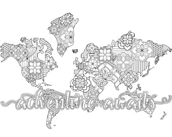 Coloring Page Digital Download / Adventure Awaits / World Map Coloring Page/ Mandala Coloring Page