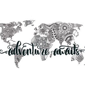 Adventure Awaits - Wanderlust - Map - World Map - World Art - Map Wall Hanging - Travel Quotes - Wanderlust Quotes - Map Wall Art