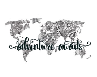 Adventure Awaits - Wanderlust - Map - World Map - World Art - Map Wall Hanging - Travel Quotes - Wanderlust Quotes - Map Wall Art