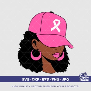 Gorra de mujer negra con cáncer de mama, svg de investigación sobre el cáncer, svg de cinta contra el cáncer, svg de concientización sobre el cáncer, svg de mujer negra, svg de mujer afro