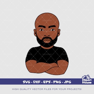 May include: A digital illustration of a man with a bald head and a black beard. He is wearing a black t-shirt and has his arms crossed.