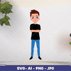 Garçon adolescent blanc | Numérique PNG - AI - SVG - JPG | Téléchargement immédiat | homme, bras croisés, mec cool, svg adolescent, cheveux hérissés svg, homme de race blanche