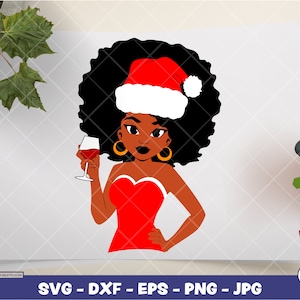 黒人女性のクリスマスワイン | デジタル SVG - DXF - EPS - png - Jpg | 即時ダウンロード | クリスマス SVG、家族 SVG、サンタクロース SVG、エルフ SVG