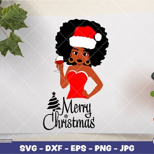 黒人女性のクリスマスワインテキスト | デジタル SVG - DXF - EPS - png - Jpg | 即時ダウンロード | クリスマス SVG、家族 SVG、サンタクロース SVG、エルフ SVG