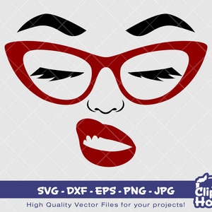 May include: A red and black digital illustration of a woman's face with closed eyes, red cat-eye glasses, and a red pouty mouth.