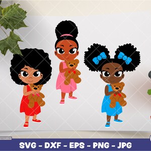クマを抱くかわいい女の子 | デジタル SVG - DXF - EPS - png - Jpg | 即時ダウンロード | アフリカ系アメリカ人 SVG、黒人の子供 SVG、アフロの子供 SVG