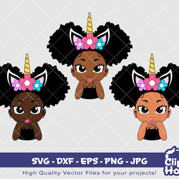 Unicorn Girl | Digital SVG - DXF - EPS - png - Jpg | Instant Download | african american svg, black kid svg, afro child svg, unicorn