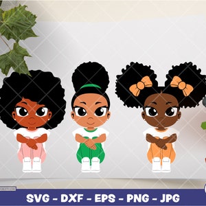 座っているかわいい子供女の子 | デジタル SVG - DXF - EPS - png - Jpg | 即時ダウンロード | アフリカ系アメリカ人 SVG、黒人子供 SVG、アフロ子供 SVG、子供 SVG