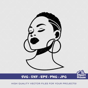 May include: Black and white line art illustration of a woman with short hair, closed eyes, and large hoop earrings.