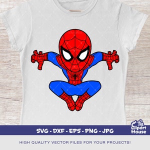 May include: A red and blue cartoon illustration of Spiderman in a superhero pose. The image is suitable for use as a digital download for crafting projects.