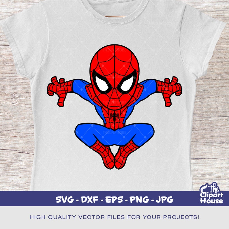 May include: A red and blue cartoon illustration of Spiderman in a superhero pose. The image is suitable for use as a digital download for crafting projects.