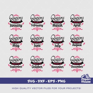 Queens Are Born In、スクラップブック、イラスト、テキスト、シルエット、お祝いのテキスト、パーティー SVG、誕生日 SVG、Queens Are Born In