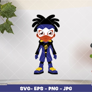 May include: A cartoon illustration of a young superhero wearing a blue and yellow costume with a black mask. The superhero has brown skin and black hair.