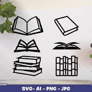 Książki | Cyfrowe PNG - Ai - SVG - JPG | Natychmiastowe pobieranie | otwarta książka, zamknięta książka, ułożona książka, strony, poezja svg, pakiet książek svg, czarny
