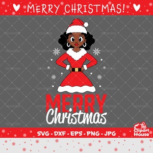 Merry Christmas Cartoony Afro Woman, christmas svg, family svg, santa claus svg, festive svg, christmas decorations