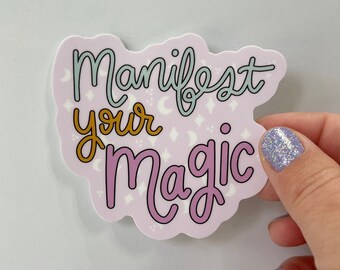 Pegatina «Manifiesta tu magia» / Adhesivo inspirador de bruja / Luna y estrellas en tonos pastel / Regalo motivacional