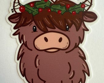 Christmas Highland Cow Sticker | Holiday Holly Wreath Decal | Festive Vinyl Waterproof Sticker