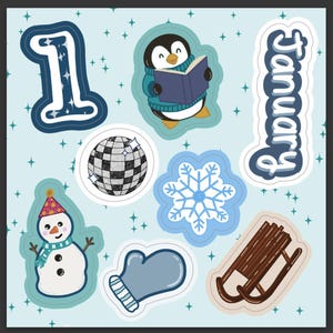 May include: A collection of winter-themed stickers on a light blue background. The stickers include a number 1, a penguin reading a book, a disco ball, a snowflake, a snowman, a mitten, a sled, and the word "January".
