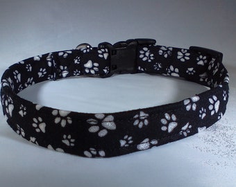 Dog Collar - Black with White Paw Prints