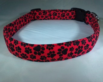 Dog Collar - Red with Black Paw Prints
