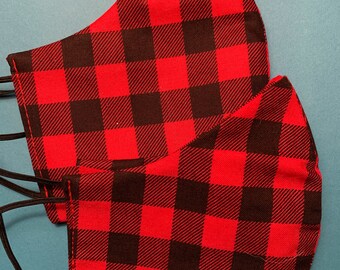 Red Plaid Check Cotton Face Mask, 3 Layer Protection