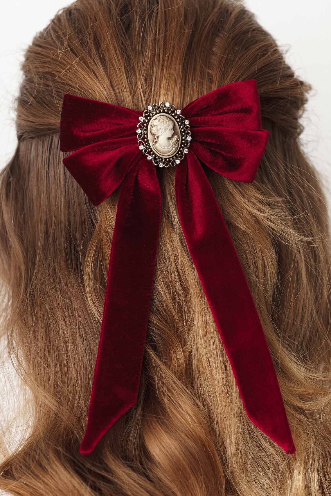 Burgundy Hair Bow with Cameo Velvet Hair Bow Clip for Women Etsy