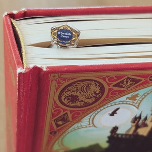 Peut inclure: Un livre rouge avec des détails dorés et un marque-page "Chocolate Frogs". Le marque-page est un petit hexagone bleu et or avec les mots "Chocolate Frogs" imprimés dessus. La couverture du livre est illustrée.