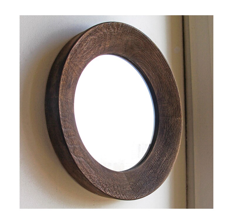 Round Mirror Decorative Wall Rustic Wood Frame Decor Framed Mount