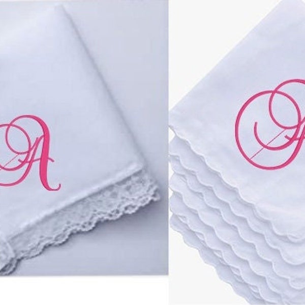 Embroidered Vintage Style Lace or Scallop Edge Hanky Ladies/Women's Solid White Cotton Handkerchief. Choice in Initial, Name, or Monogram.