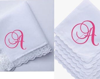 Embroidered Vintage Style Lace or Scallop Edge Hanky Ladies/Women's Solid White Cotton Handkerchief. Choice in Initial, Name, or Monogram.