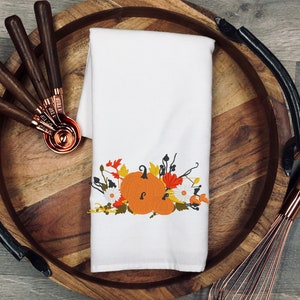 Embroidered Fall Napkin: Floral Pumpkin Linen Dinner Napkin