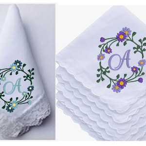 Embroidered Vintage Style Hanky Ladies/Women&#39;s Solid White 100% Cotton Handkerchief with Lace or Scallop Edge, Daisy Wreath