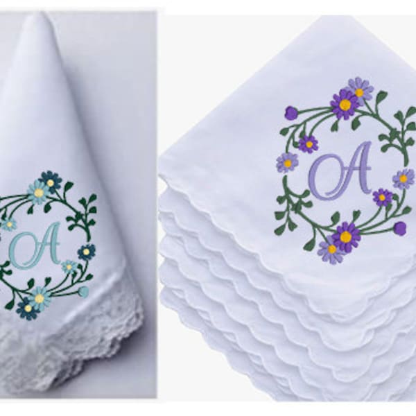 Embroidered Vintage Style Hanky Ladies/Women's Solid White 100% Cotton Handkerchief with Lace or Scallop Edge, Daisy Wreath