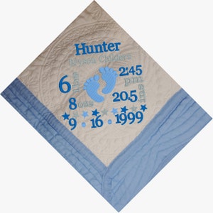 Heirloom Baby Quilt, Blue and White Quilt with Light Blue Trim, Boy Gift, Embroidered Baby Blanket, Birth,Elephant,Moon,Mouse,Safari, Name