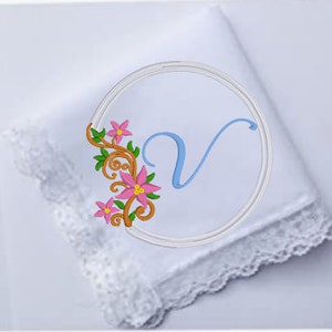 Embroidered Vintage Style Hanky Ladies/Women&#39;s Solid White Cotton Handkerchief with Lace or Scallop edge. Vine w small flower or Floral Rnd