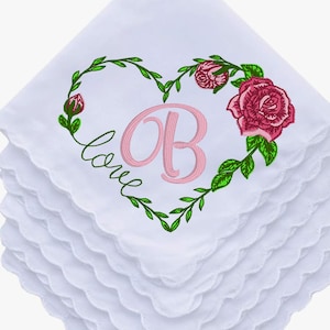 Embroidered Vintage Style Hanky Ladies/Women&#39;s Solid White 100% Cotton Handkerchief with Lace or Scallop Edge, Heart with Love and roses