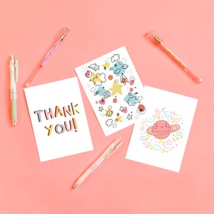 6 cartões postais de agradecimento, conjunto de cartões postais, conjunto de papelaria Kawaii, cartões postais fofos, cartões de agradecimento Kawaii, notas de agradecimento, artigos de papelaria com tema espacial