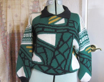 1990s Cambridge Dry Goods Co. Green Geometric Sweater, Vintage Early 90s Wool Sweater w/Collar, Preppy Sweater, Green/Black/White/Gold, XS/S